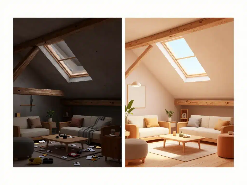 Aménagement combles avant / après pièce rénovée sous combles