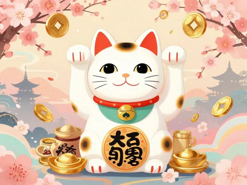 chat japonais porte bonheur avec motifs japonais traditionnels