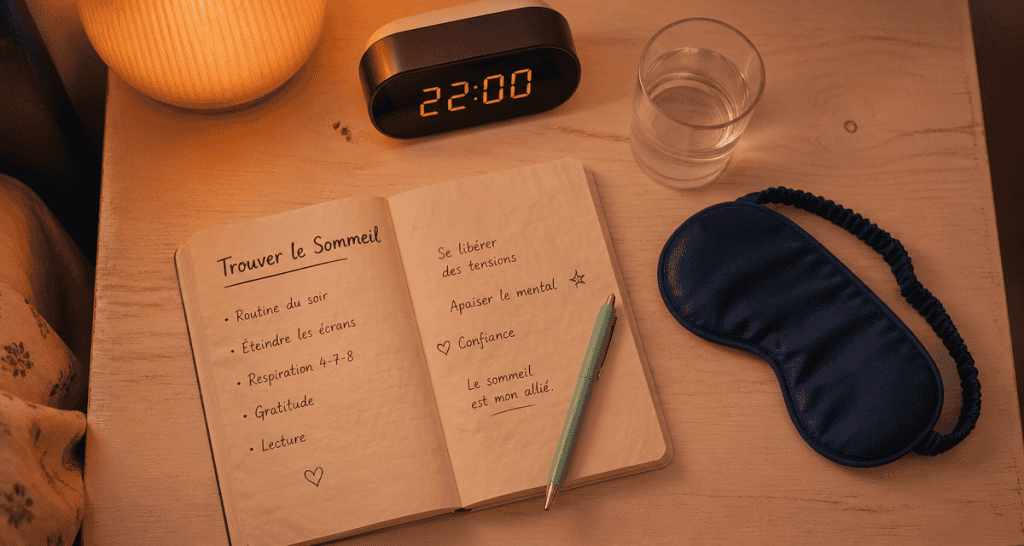 comment trouver le sommeil rapidement table de chevet carnet masque horloge