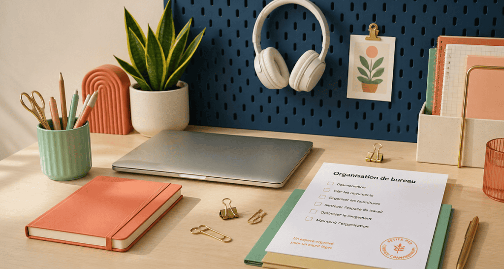 organiser un bureau avec accessoires colorés et checklist