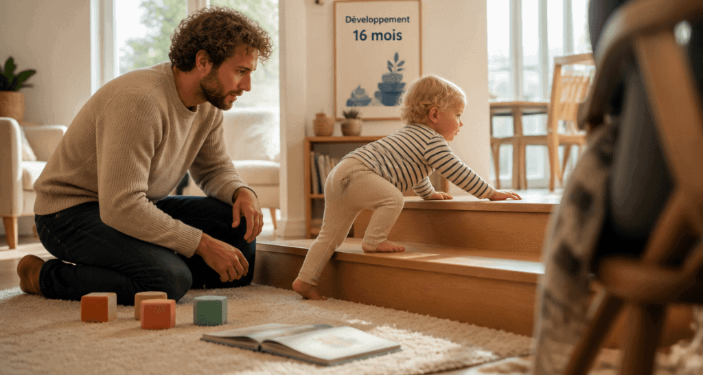 16 mois bebe jouant et parent supervision