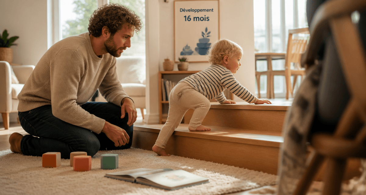 16 mois bebe jouant et parent supervision