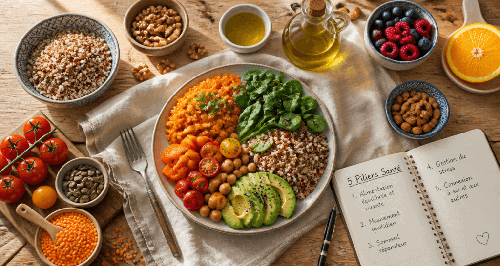 aliment bon pour la santé, assiette composée et carnet 5 piliers santé