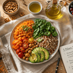 aliment bon pour la santé, assiette composée et carnet 5 piliers santé