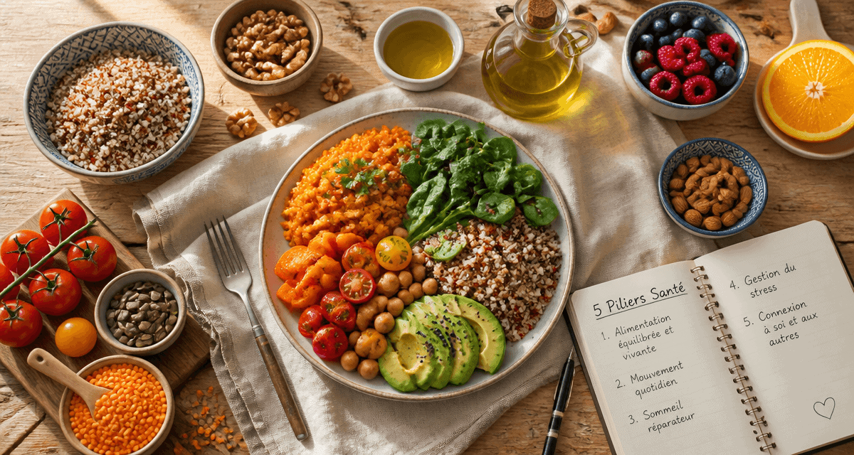 aliment bon pour la santé, assiette composée et carnet 5 piliers santé