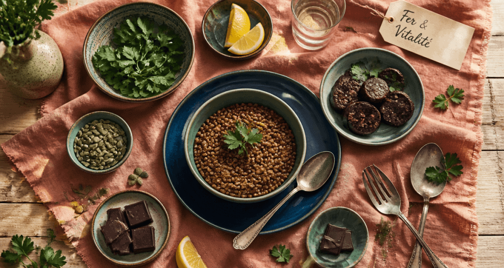 aliment pour manque de fer sur table avec aliments variés