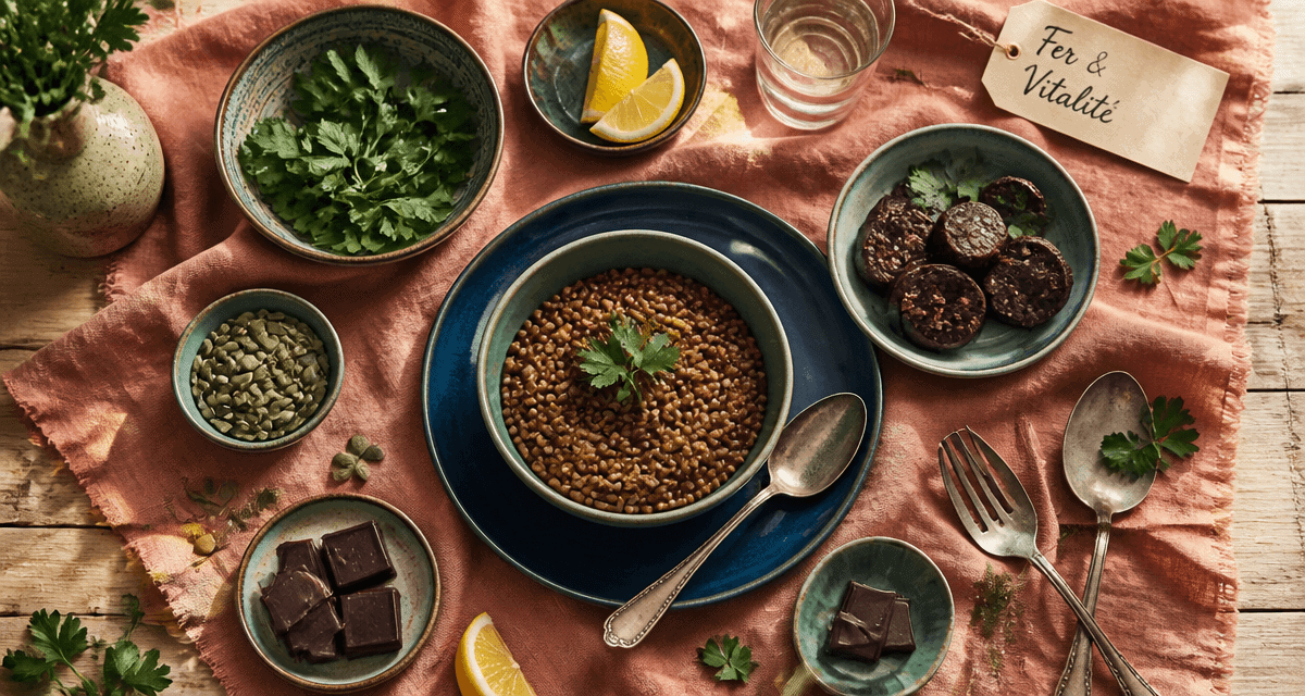 aliment pour manque de fer sur table avec aliments variés