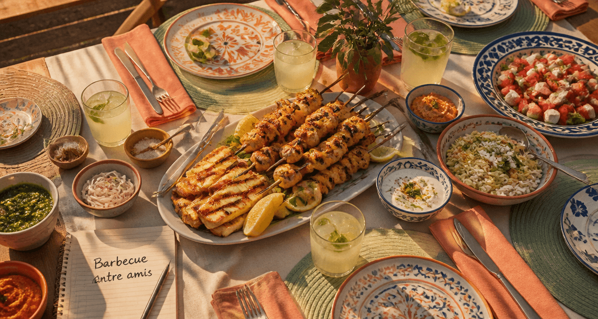 Barbecue entre amis sur grande table nappée, grillades et salades