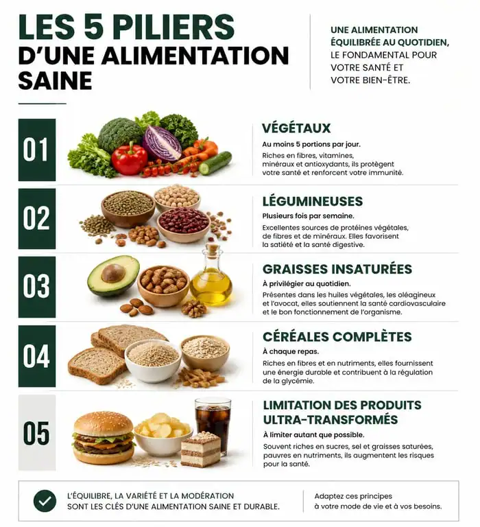 Infographie des 5 piliers d'une alimentation saine pour booster votre vitalité