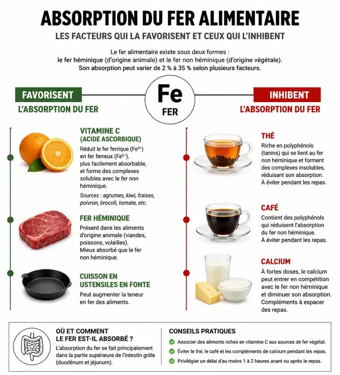 Infographie sur l'absorption du fer alimentaire et les aliments riches en fer
