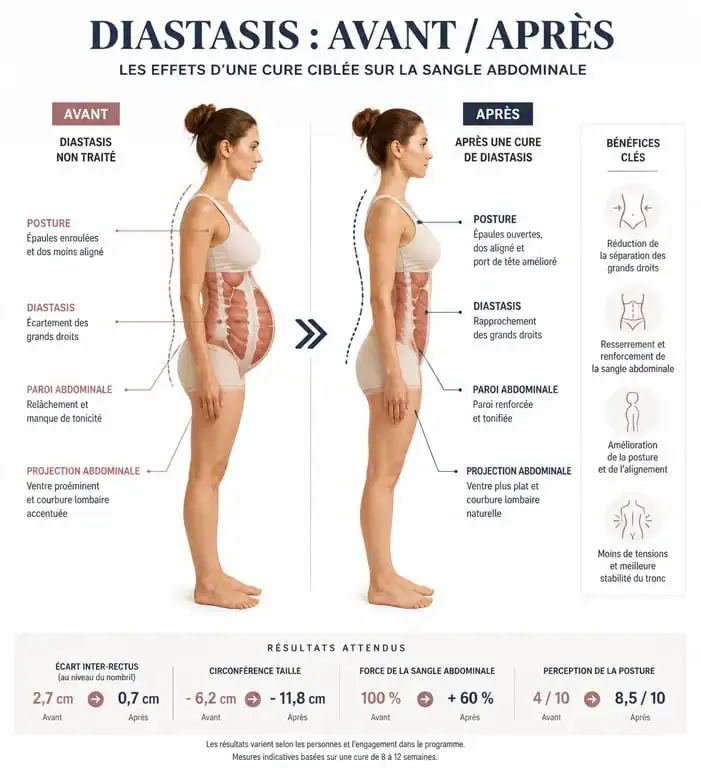 Infographie comparative montrant les résultats d'une chirurgie de diastasis avant après sur la silhouette abdominale