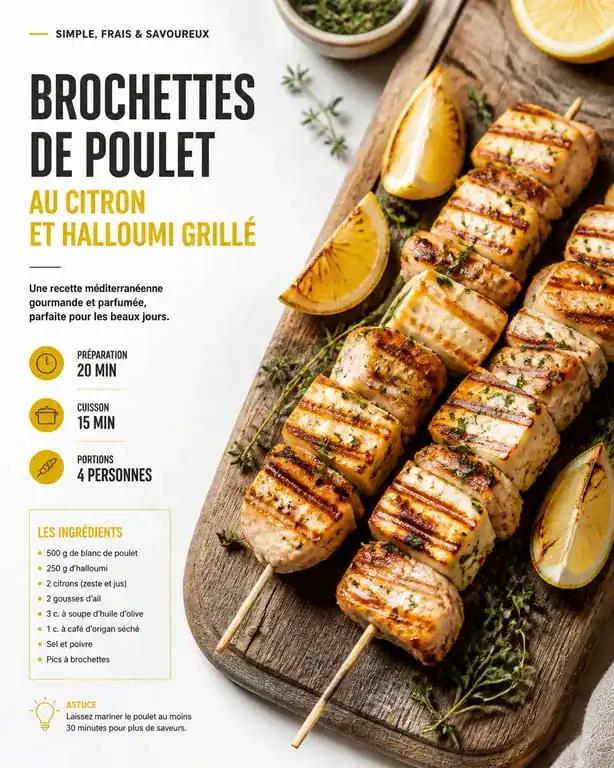 Brochettes de poulet au citron et halloumi grillé pour un barbecue entre amis réussi