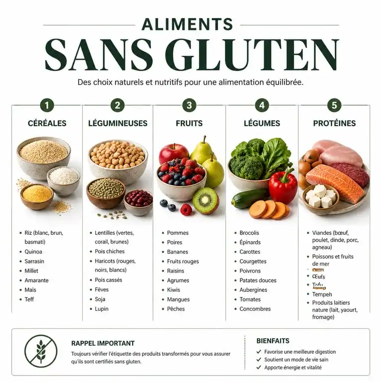 Infographie des catégories d'aliments sans gluten pour une alimentation équilibrée