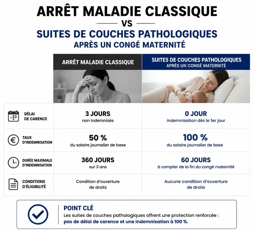 Tableau comparatif des droits en cas d'arrêt maladie après un congé maternité : suites de couches pathologiques vs maladie classique.