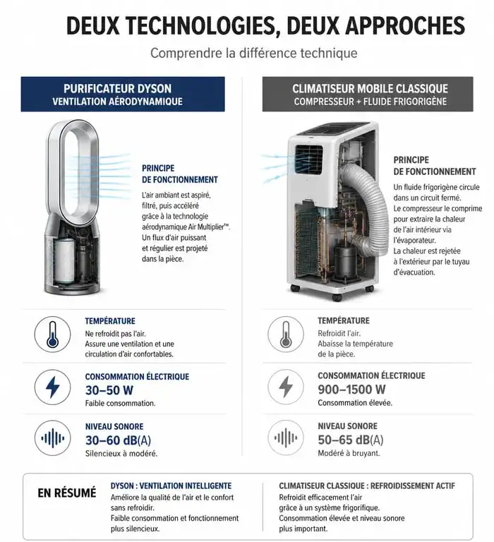 Infographie comparative : Dyson vs climatiseur mobile pour comprendre les différences de refroidissement et de consommation