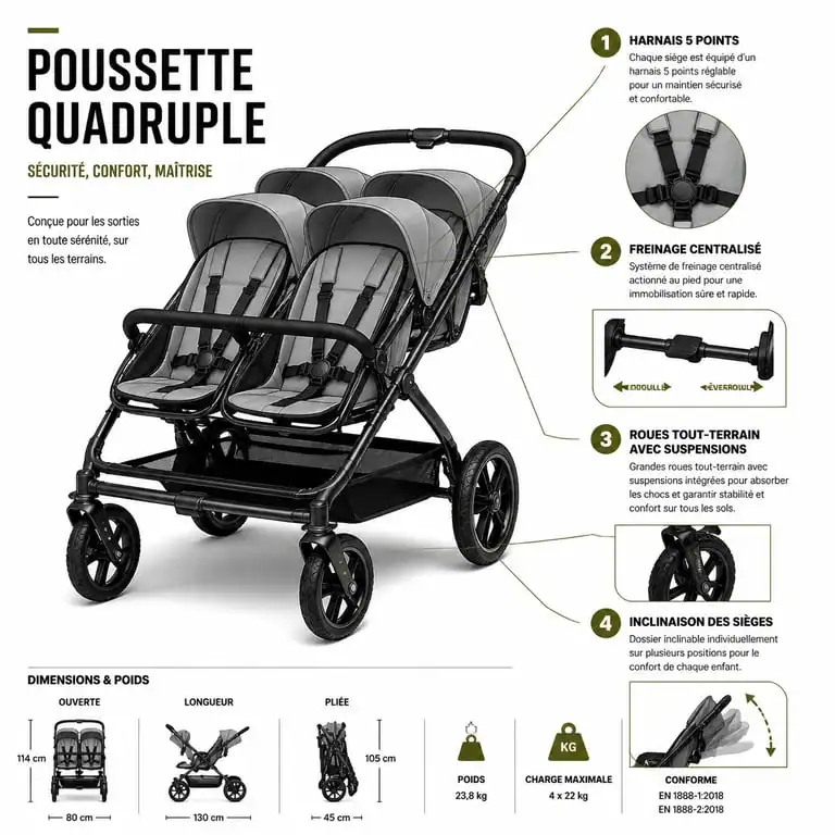 Schéma des caractéristiques de sécurité et de confort d'une poussette 4 places pour assistante maternelle