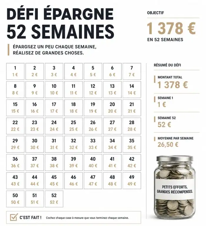 Exemple de défi budget à imprimer 52 semaines pour épargner facilement