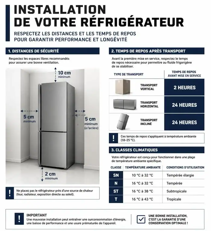 Infographie des étapes clés pour une installation frigo réussie et sécurisée