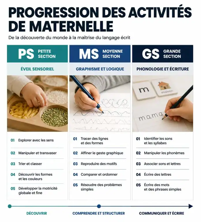 Infographie des activités pédagogiques par niveau de maternelle : Petite, Moyenne et Grande Section