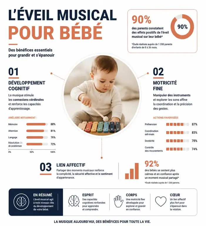 Infographie sur les bénéfices des jeux musicaux pour le développement de bébé