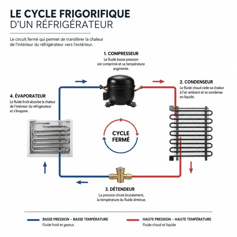 Schéma du fonctionnement du cycle frigorifique d'un réfrigérateur