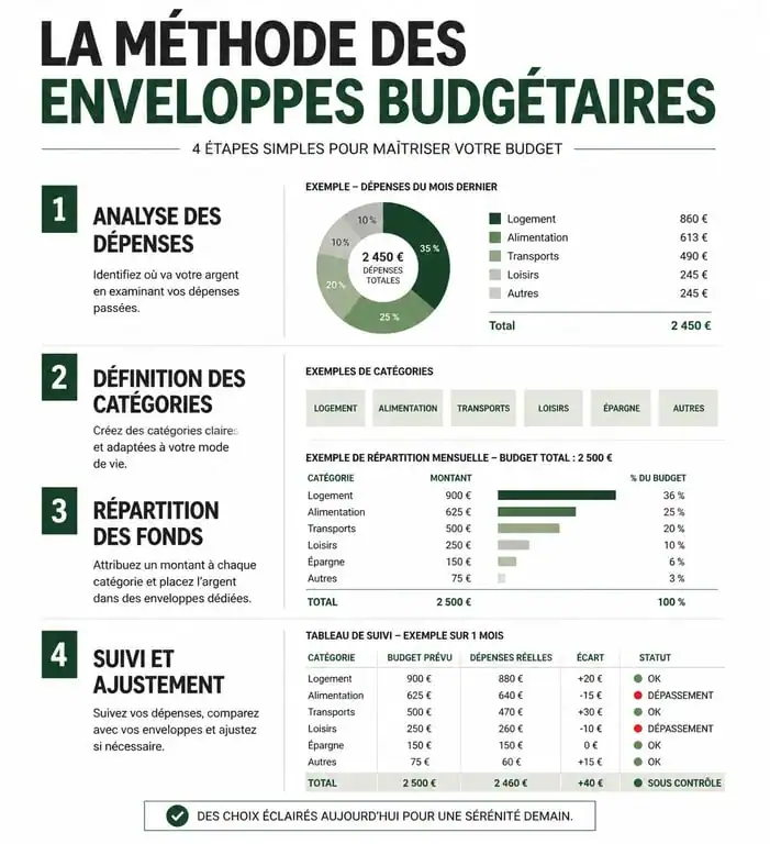 Infographie explicative de la méthode des enveloppes budgétaires pour mieux gérer son argent