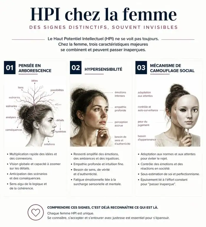 Infographie des signes du Haut Potentiel Intellectuel chez la femme : pensée en arborescence, hypersensibilité et mécanismes de camouflage.