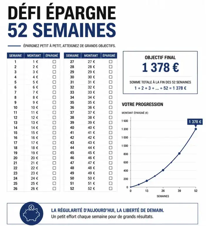 Infographie du défi épargne à imprimer sur 52 semaines