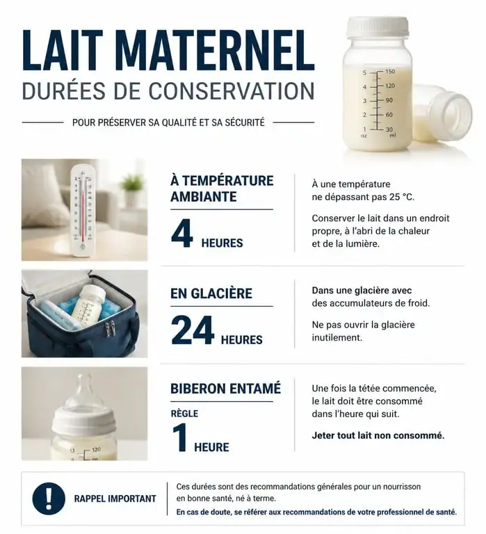 Infographie sur la durée de conservation du lait maternel après réfrigération