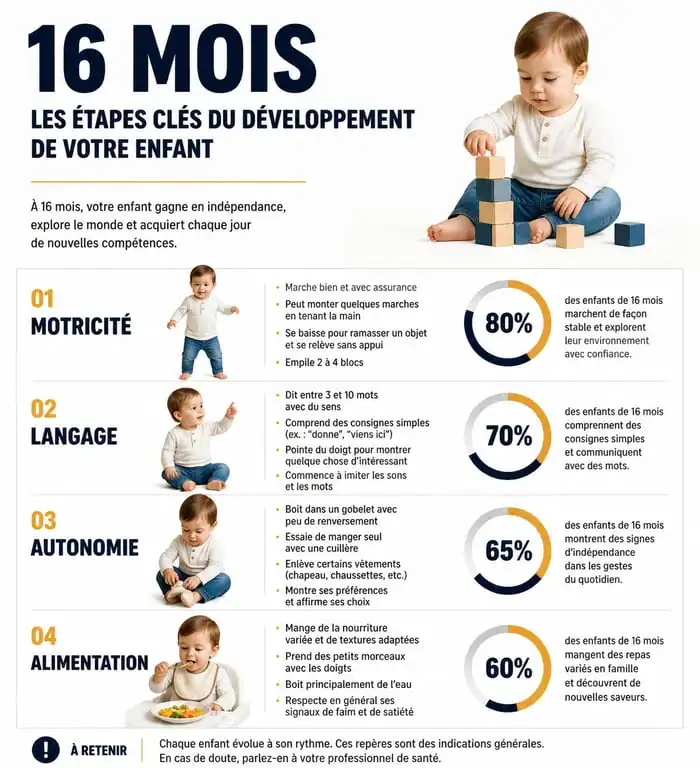 Infographie des étapes clés du développement d'un bébé de 16 mois