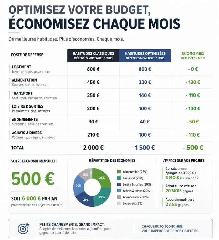 Infographie sur les économies mensuelles pour dépenser moins au quotidien