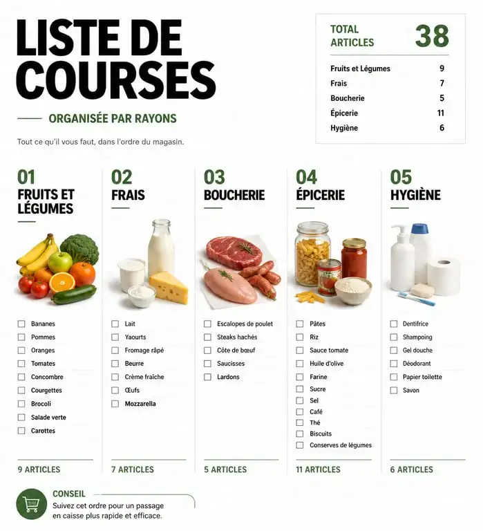 Infographie d'une liste de courses alimentaires organisée par rayons pour optimiser ses achats