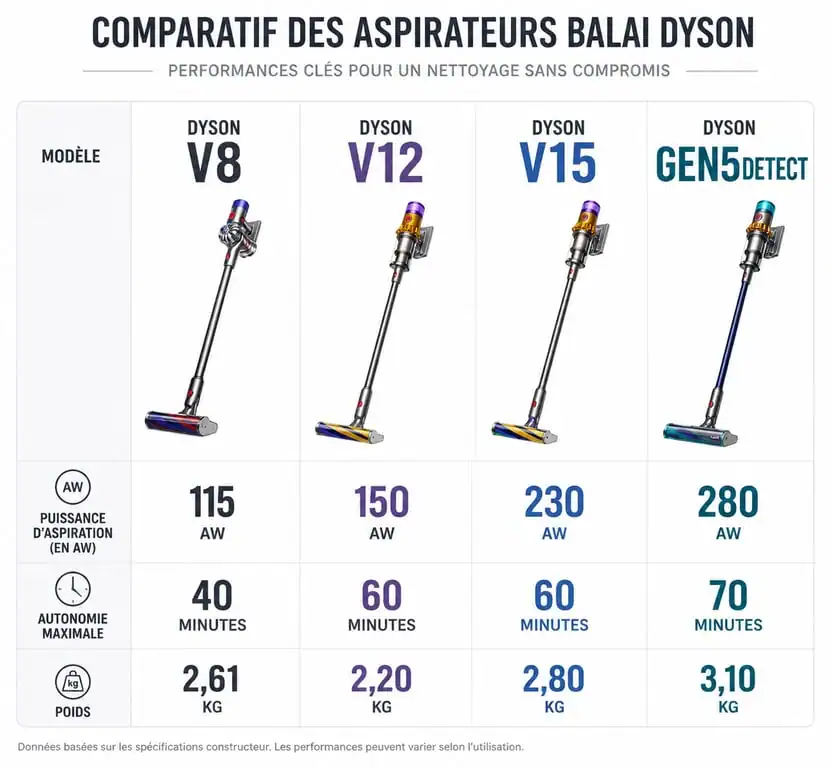 Comparatif des meilleurs aspirateurs balais Dyson : puissance, autonomie et poids des modèles V8, V12, V15 et Gen5detect.