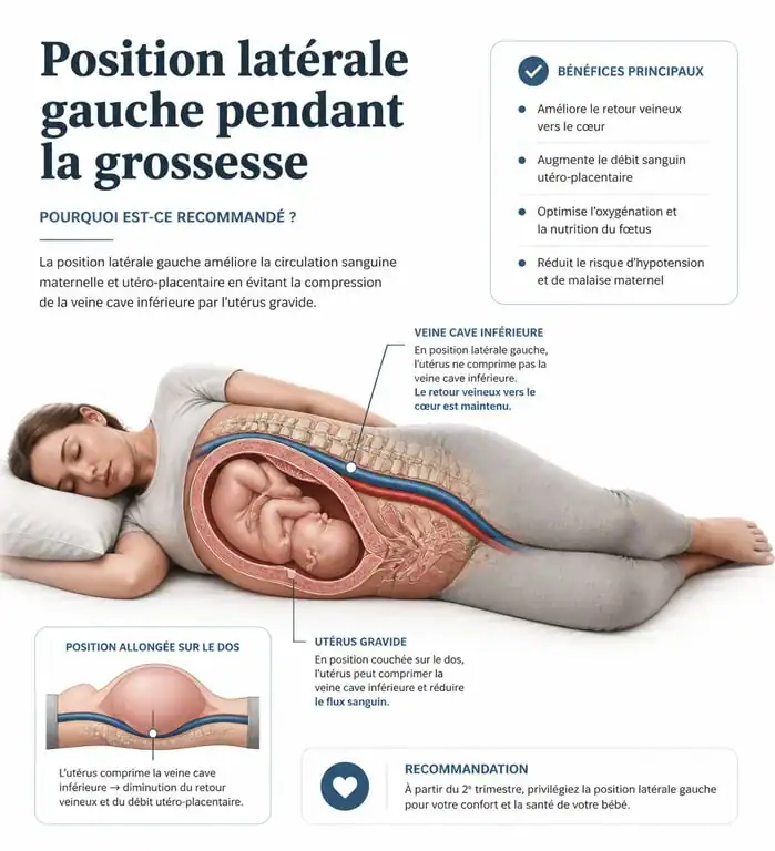 Schéma anatomique expliquant pourquoi dormir sur le côté gauche est recommandé pendant la grossesse pour la circulation sanguine et le confort du bébé.