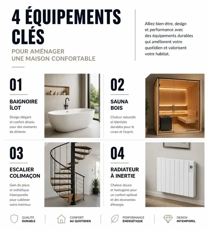 Infographie des équipements clés pour mon aménagement maison : baignoire, sauna, escalier et chauffage