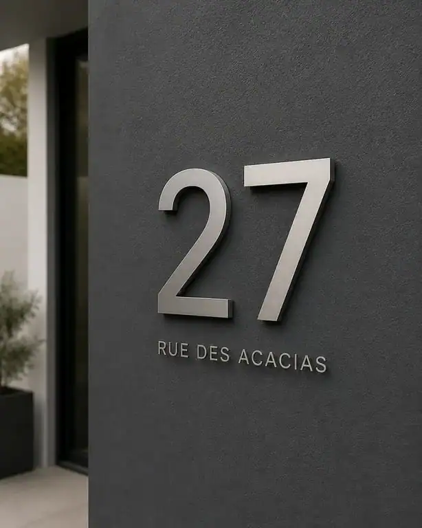 Numéro de maison design en aluminium brossé sur façade moderne