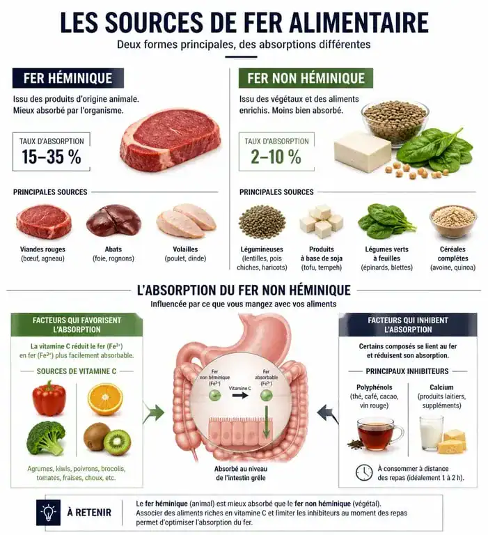 Infographie des aliments riches en fer et conseils pour optimiser l'absorption du fer