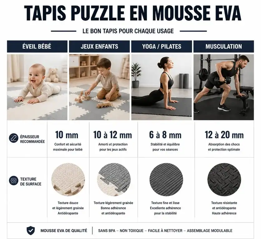 Infographie comparative des usages et caractéristiques techniques des tapis puzzle en mousse EVA pour bébé et sport