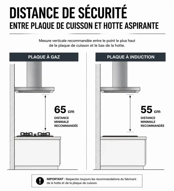 Schéma des hauteurs recommandées pour une hotte au-dessus d'un plan de travail selon le type de plaque de cuisson