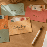 enveloppe budget à imprimer sur bureau en bois