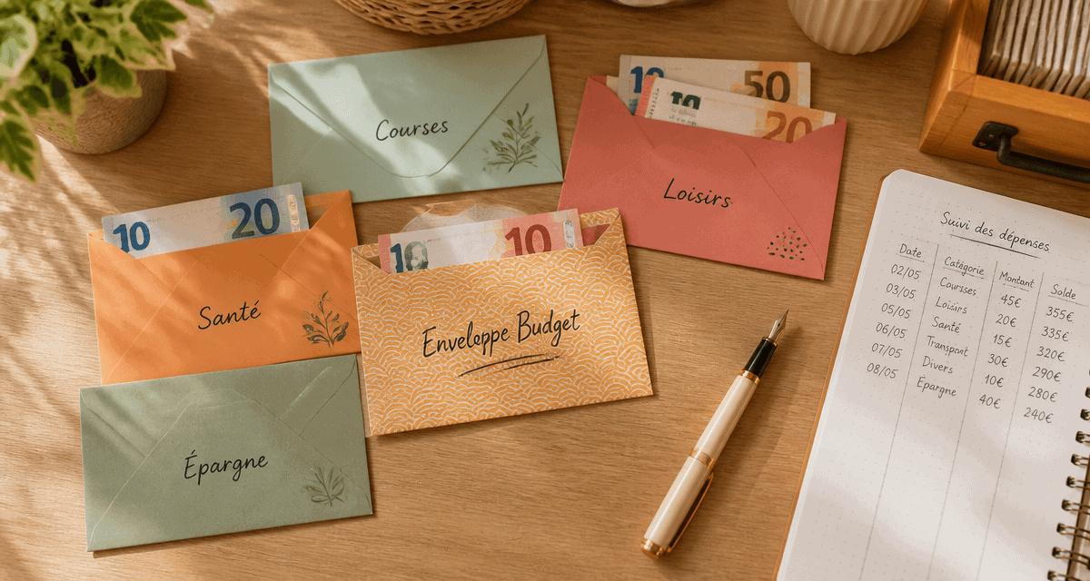 enveloppe budget à imprimer sur bureau en bois