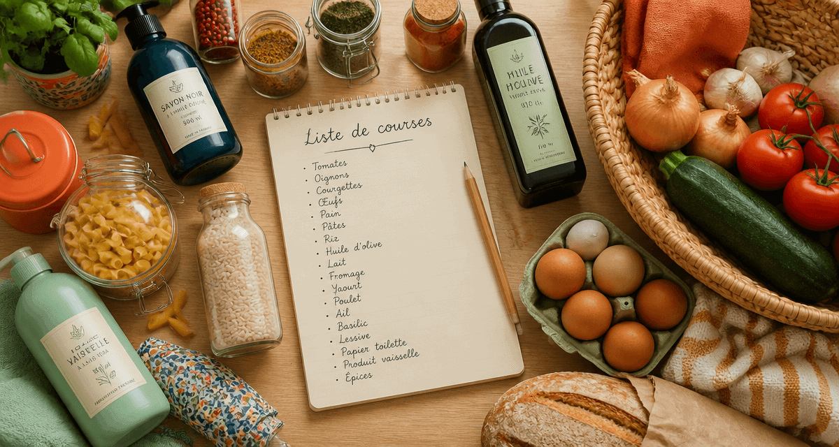 liste courses alimentaires manuscrite avec produits frais