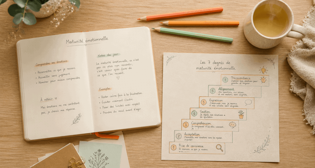Bureau avec carnet sur la maturité émotionnelle et schéma