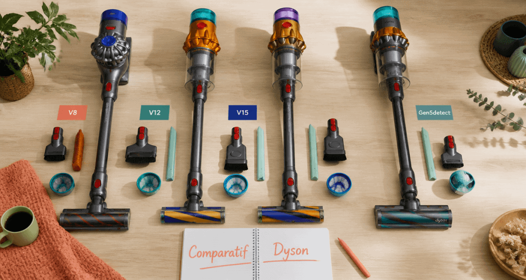 meilleur aspirateur balai dyson v8 v12 v15 gen5detect alignés