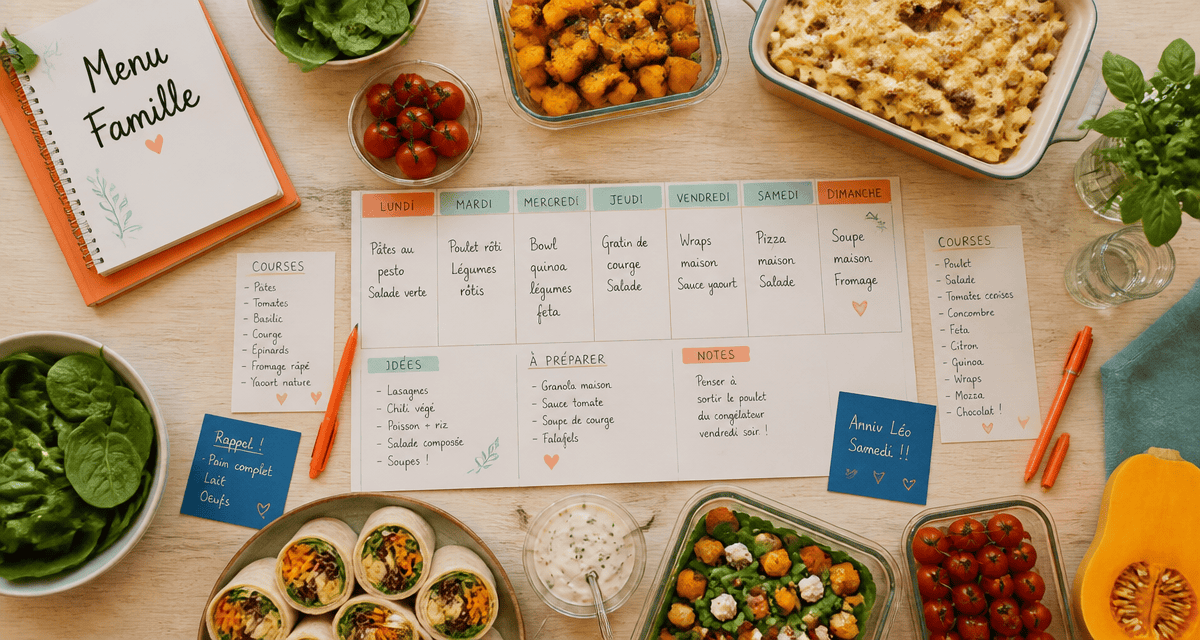 menu famille semaine sur table avec planning et plats maison