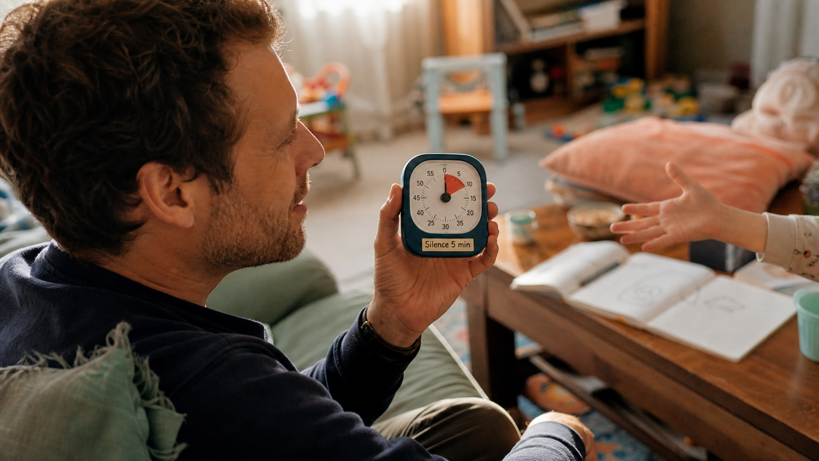 Enfant qui parle tout le temps, parent retient un minuteur de silence 5 min