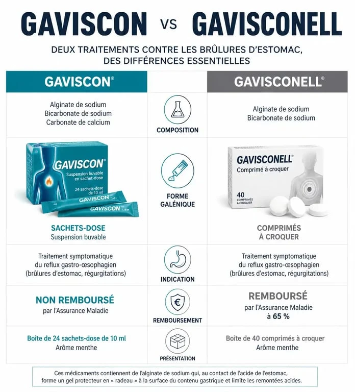 Tableau comparatif visuel entre Gaviscon et Gavisconell pour le traitement des brûlures d'estomac