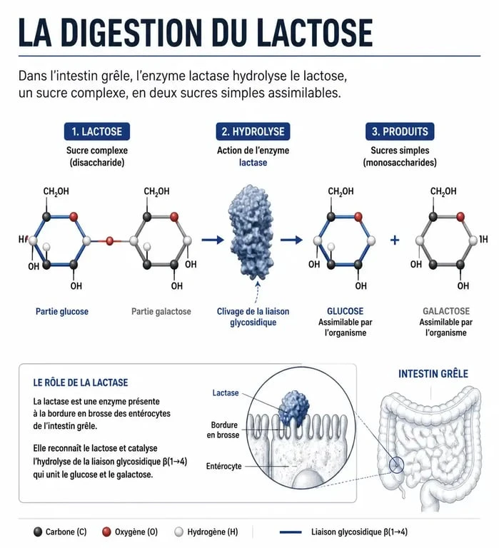 Schéma explicatif du processus de digestion du lactose et rôle de la lactase dans l'organisme