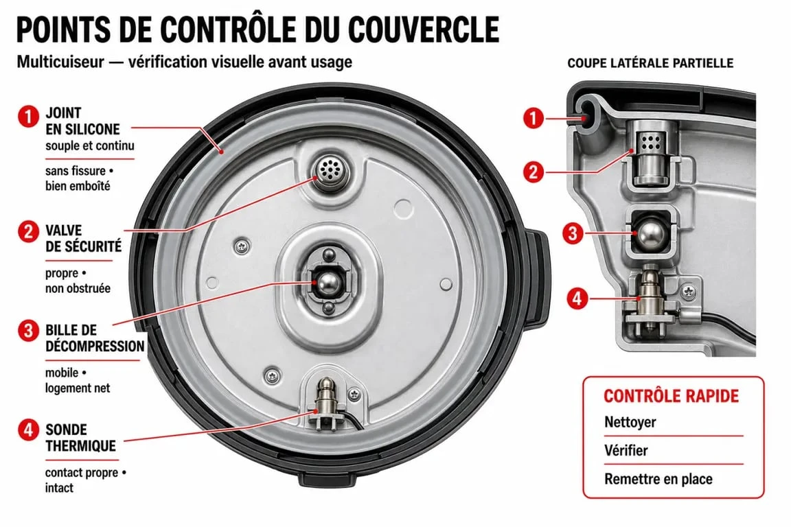 Schéma des points de contrôle pour résoudre un problème de cuisson sous pression sur Cookeo