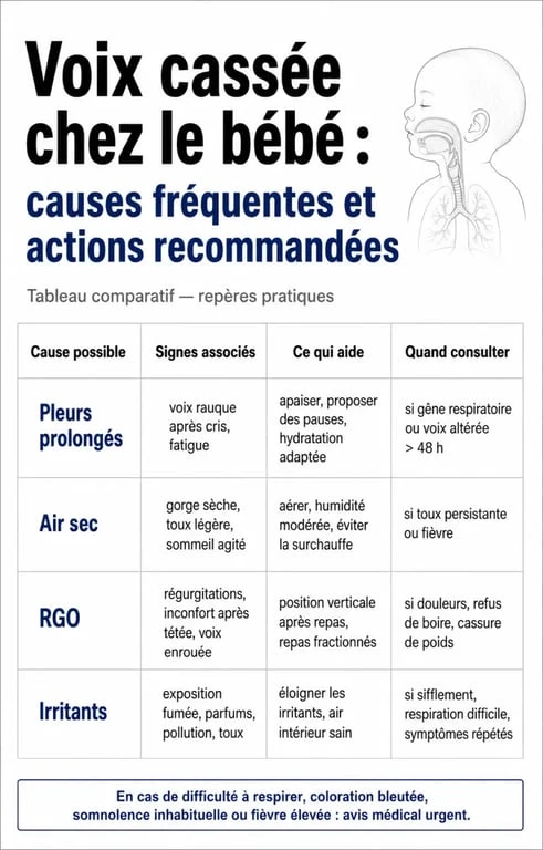 Infographie des causes et solutions pour un bébé avec la voix cassée sans fièvre ni toux